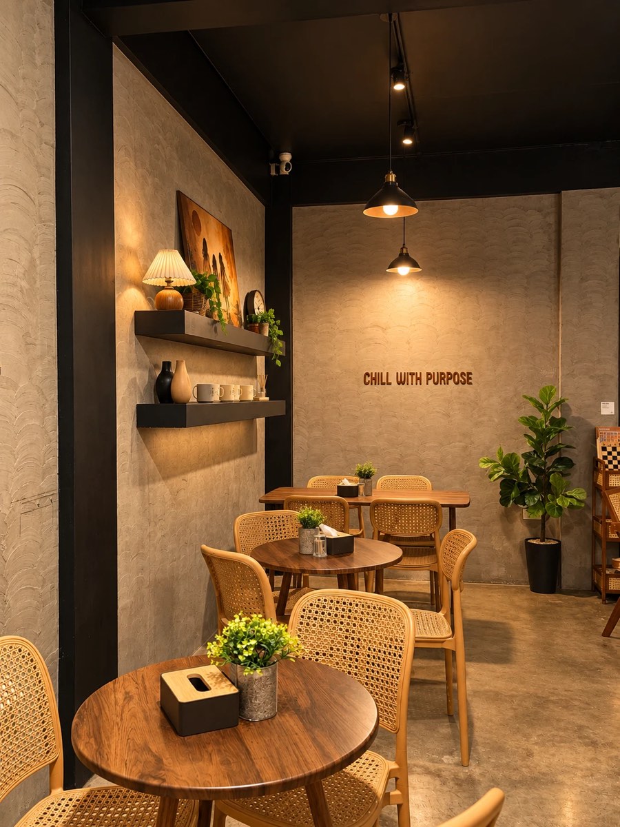 Inside Beastro: brick counter, cane chairs and the lounge