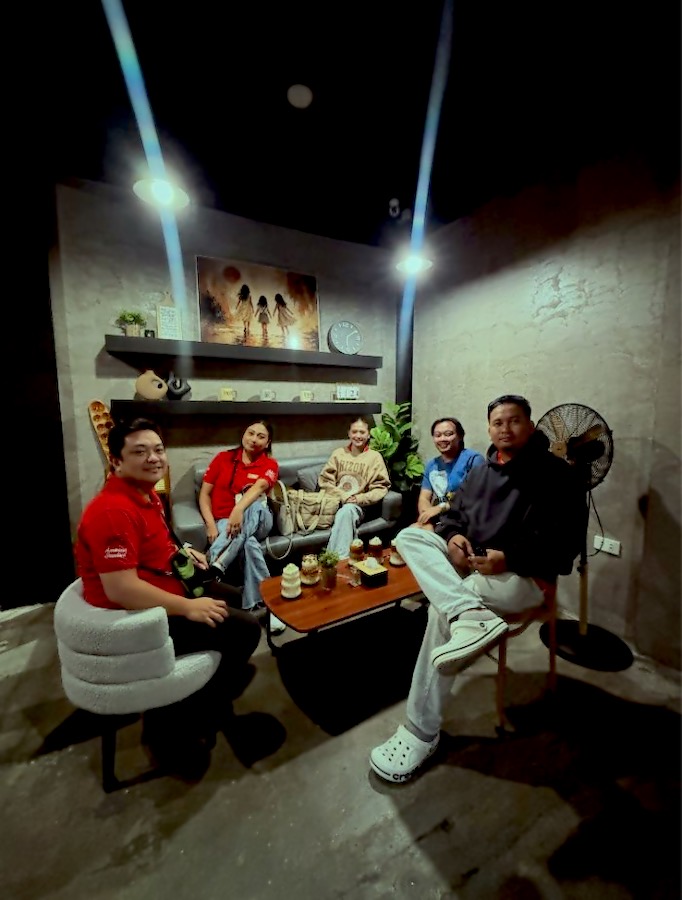A group around the low table with coffee and matcha