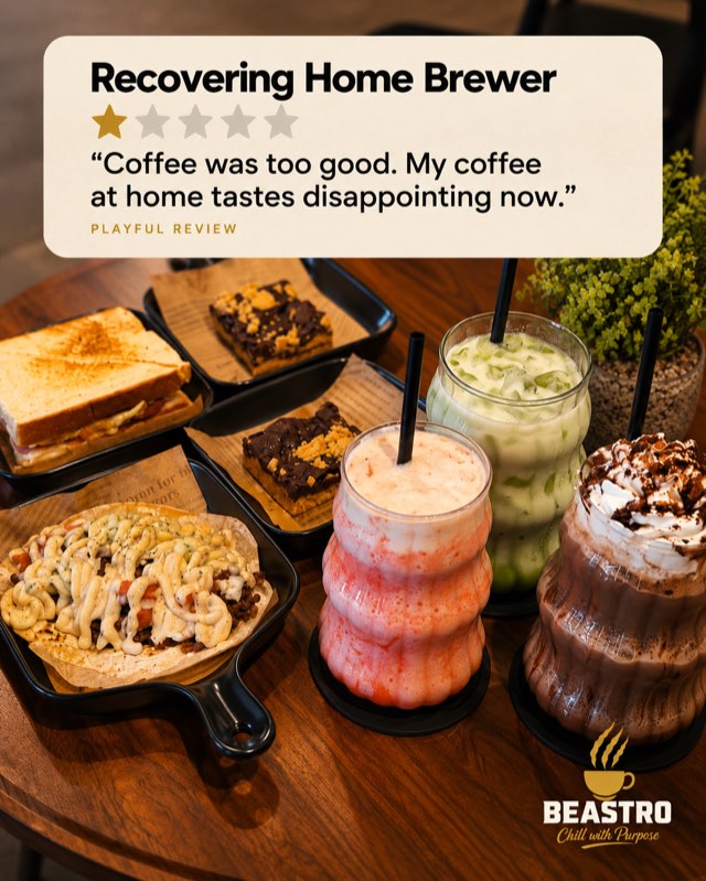Playful one-star review by “Recovering Home Brewer”: Coffee was too good. My coffee at home tastes disappointing now.