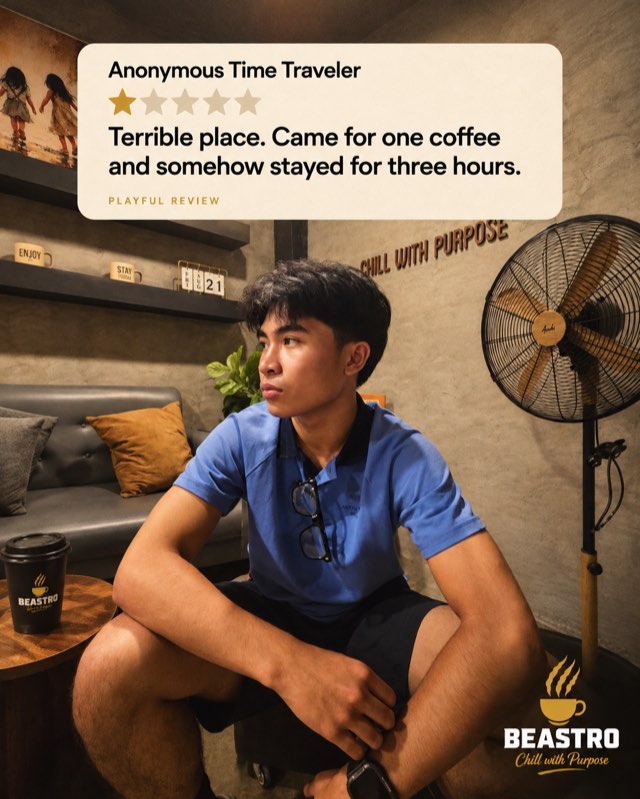 Playful one-star review by “Anonymous Time Traveler”: Terrible place. Came for one coffee and somehow stayed for three hours.