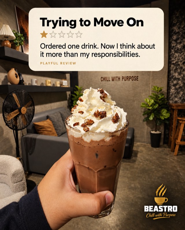 Playful one-star review by “Trying to Move On”: Ordered one drink. Now I think about it more than my responsibilities.