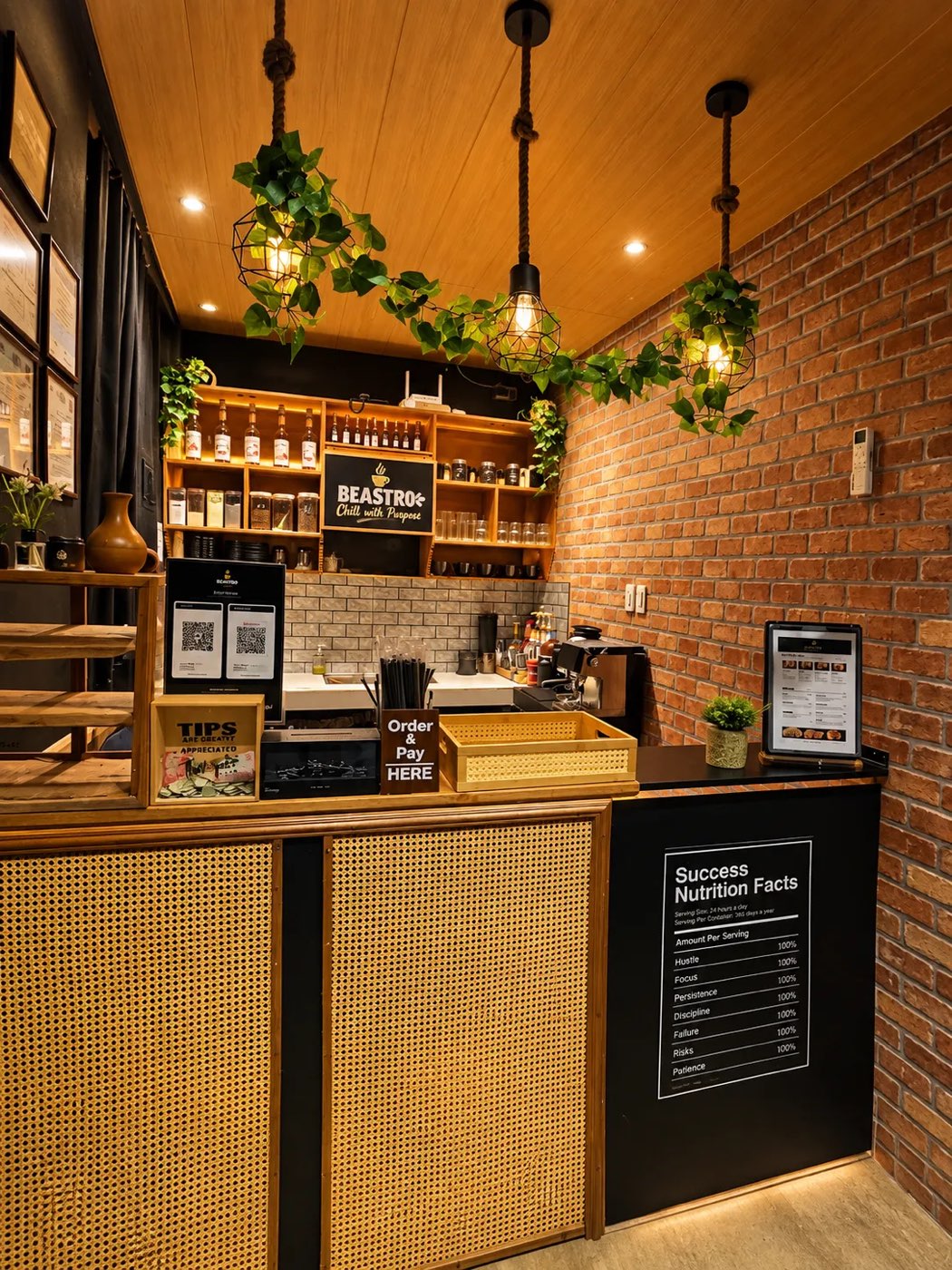The coffee counter with rattan panels, plants and the Success Nutrition Facts sign
