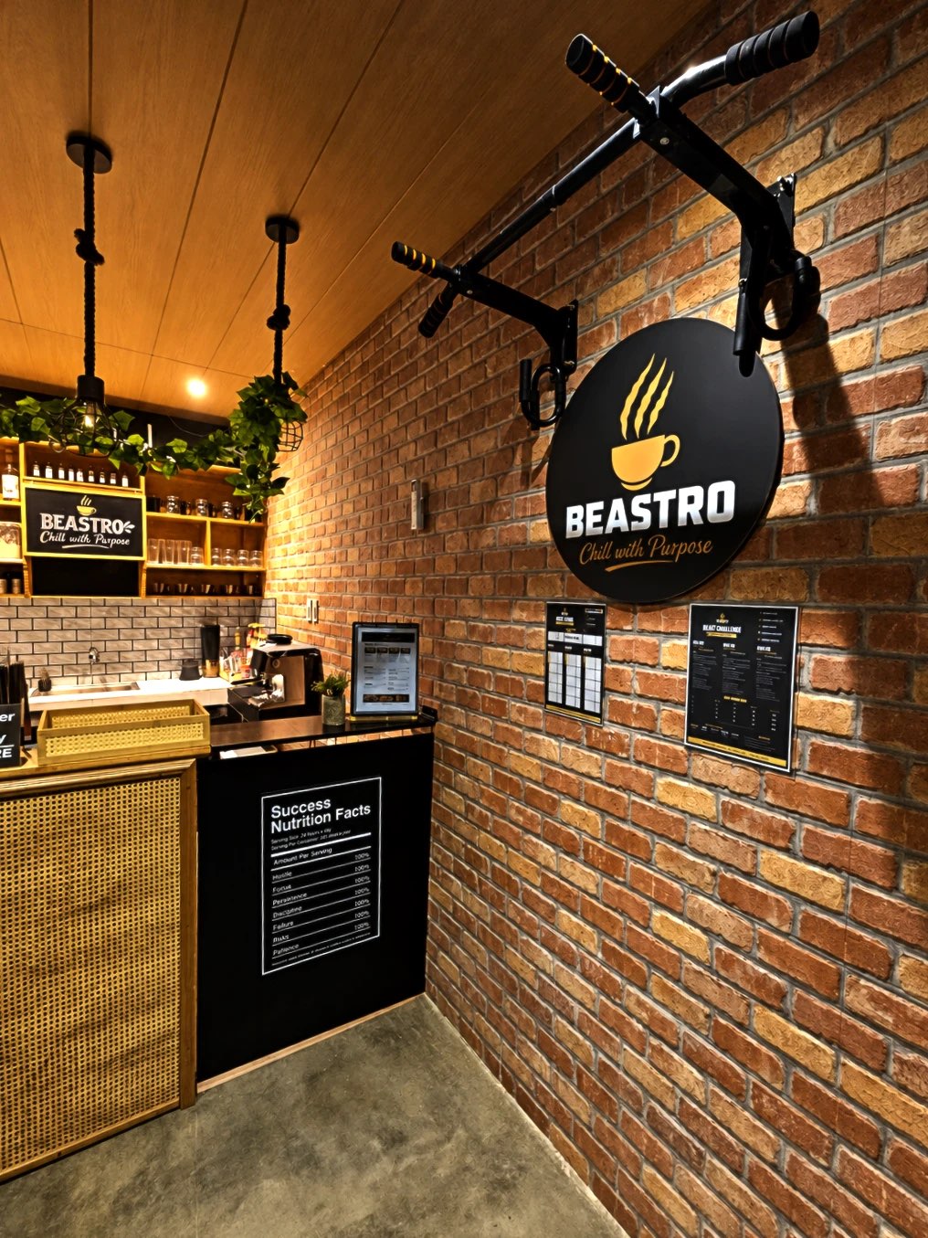 Red brick wall with the pull-up bar, the round Beastro sign and the Beast Challenge rules
