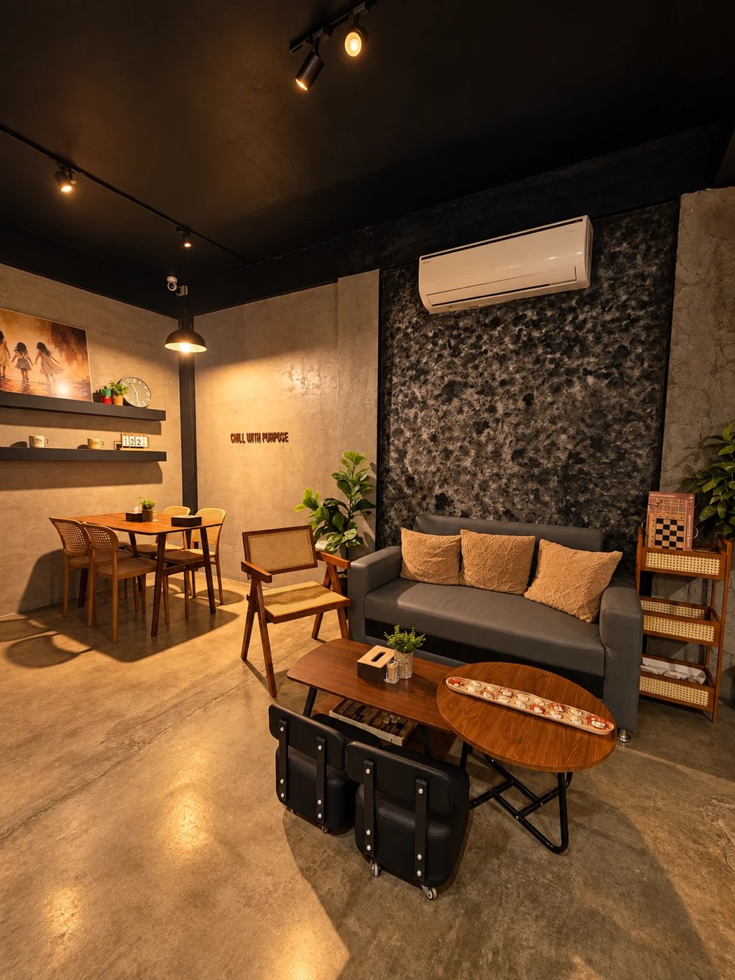 The lounge with a grey sofa, stone wall and wooden tables