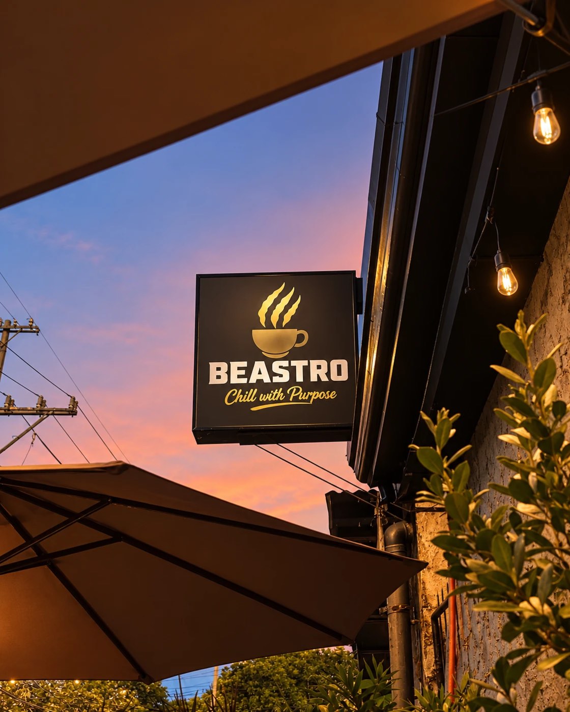 The Beastro sign glowing against a pink sunset sky